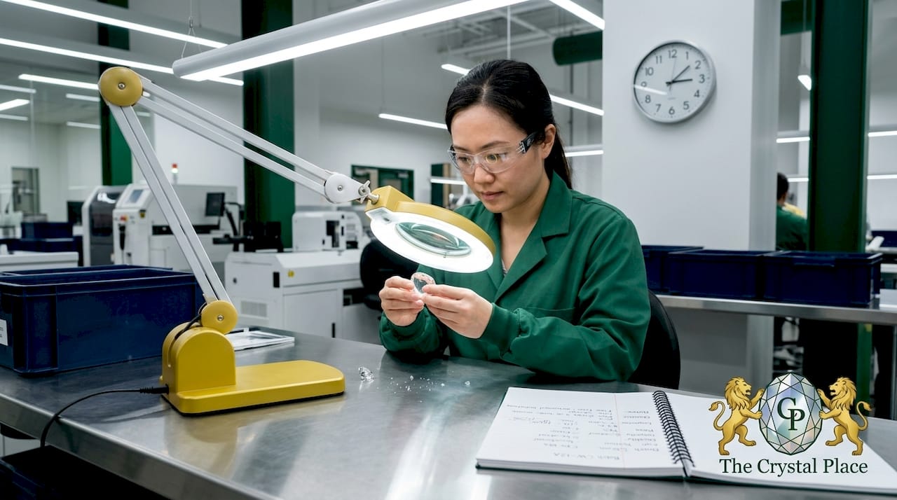 Technician inspects Swarovski crystals in factory