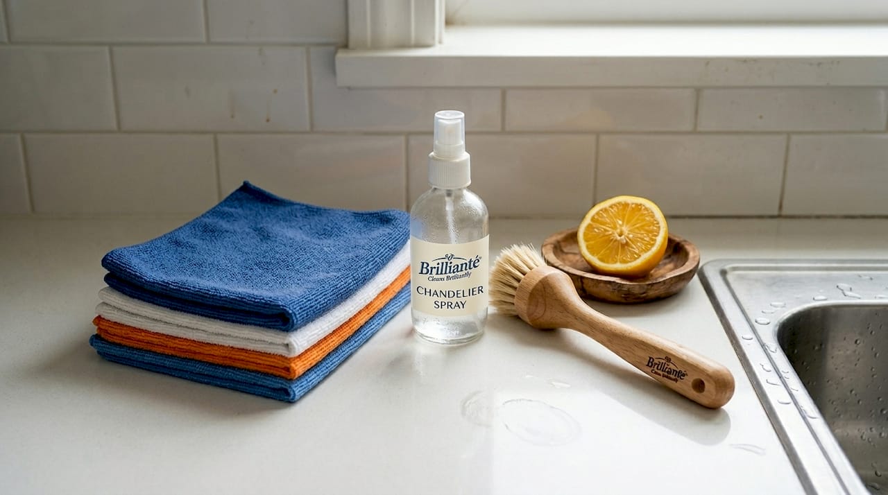 Eco-friendly chandelier cleaning tools on counter