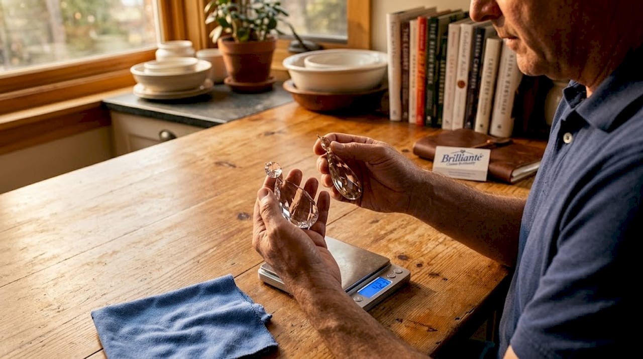 Hands comparing crystal and glass pendants