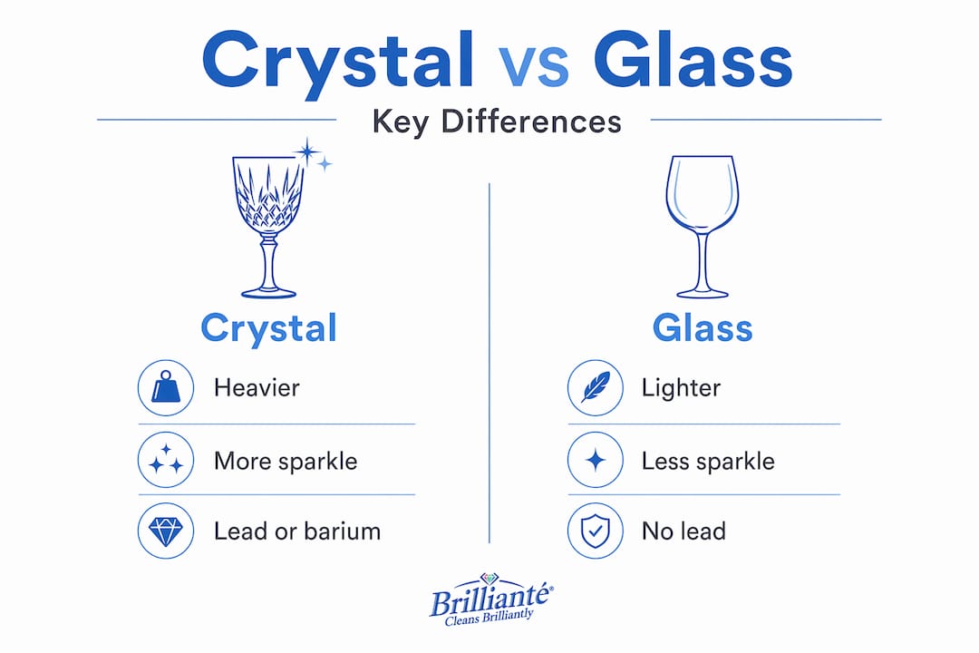 Split infographic contrasting crystal and glass properties