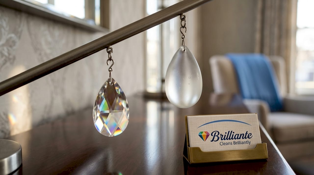 Crystal and glass chandelier pendants side by side
