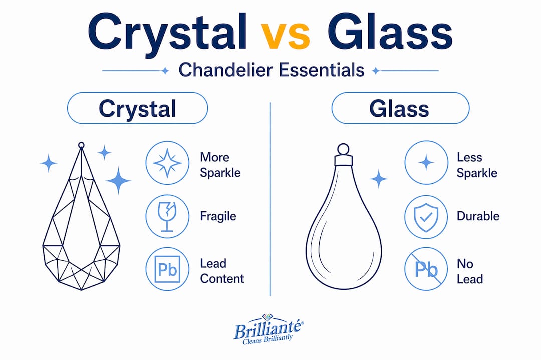 Infographic comparing crystal and glass for chandeliers