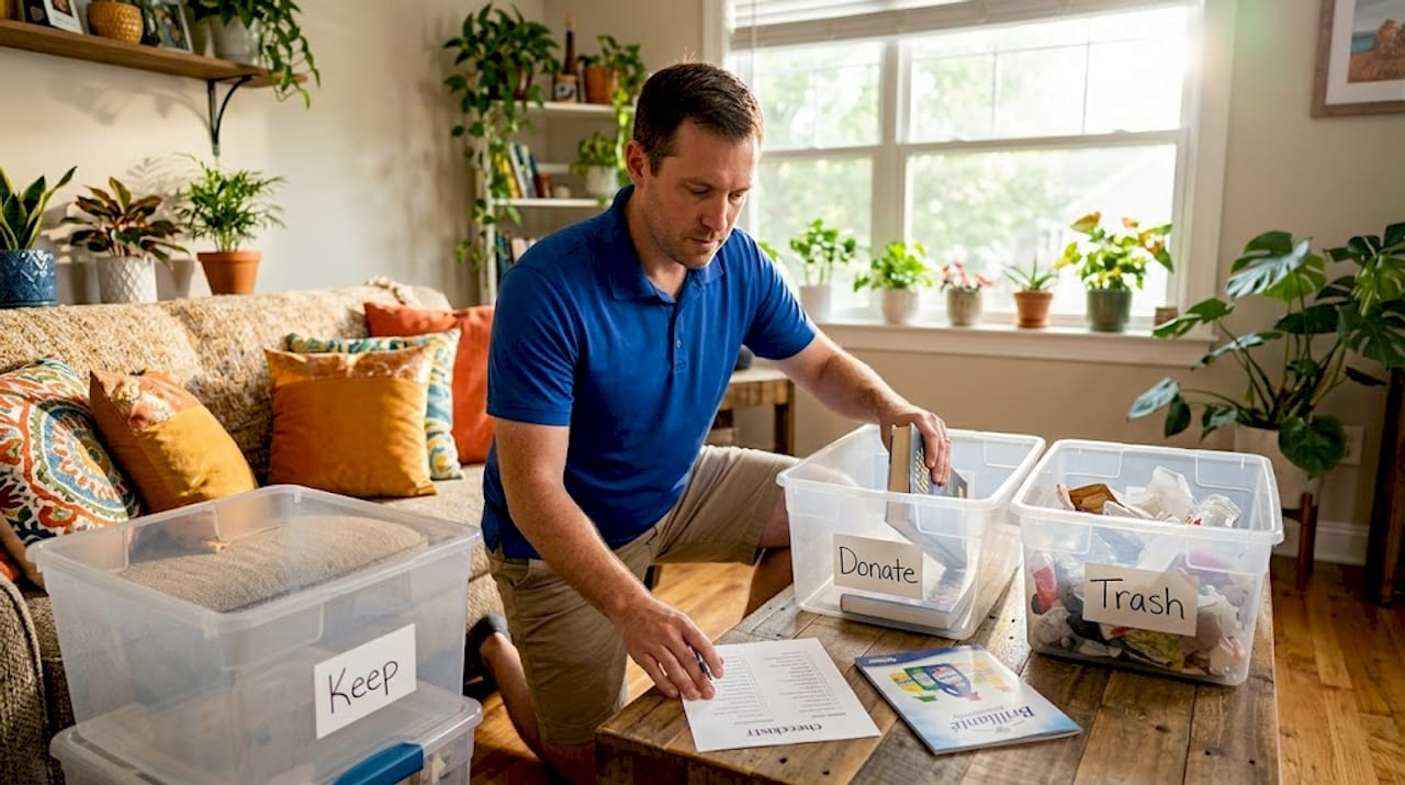 Man uses checklist and bins for decluttering