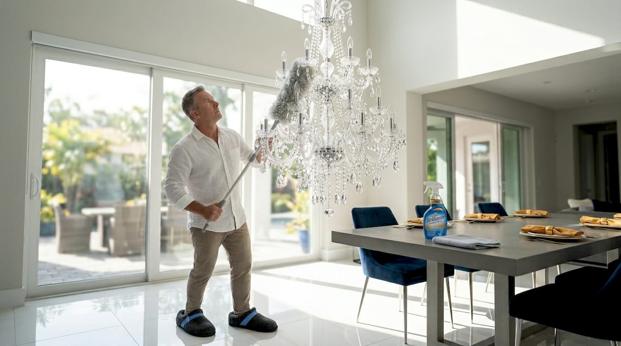 Man dusting crystal chandelier in dining room