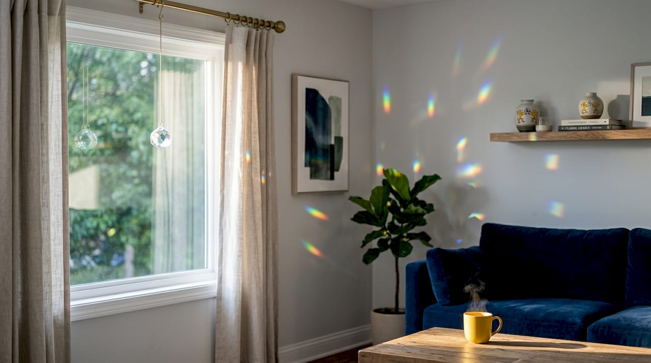 Crystal prism hanging, creating rainbow light