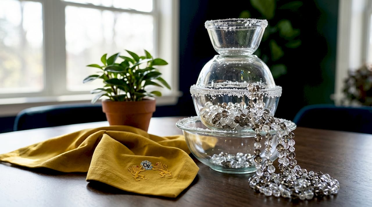 Homemade stacked crystal bowl ornament tree