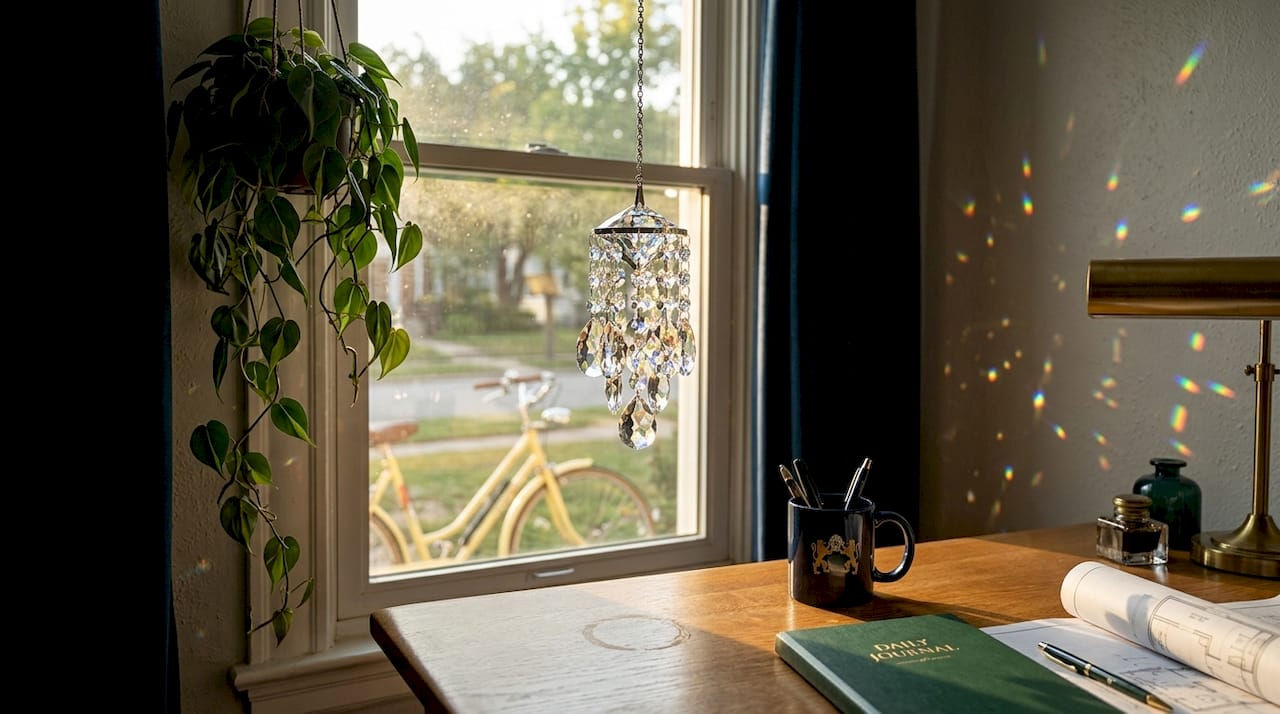 Crystal casting rainbows in a bright living room