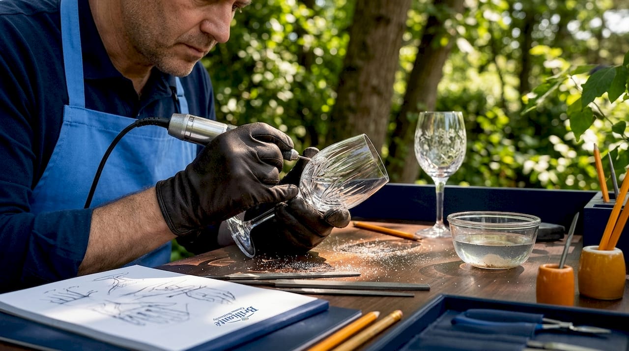 Craftsperson cutting crystal glass sharp lines
