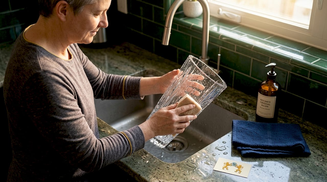 Person hand washing crystal vase in kitchen