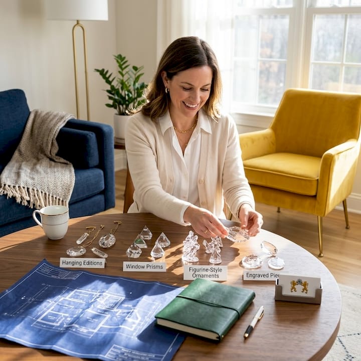 Designer sorts crystal ornaments into categories