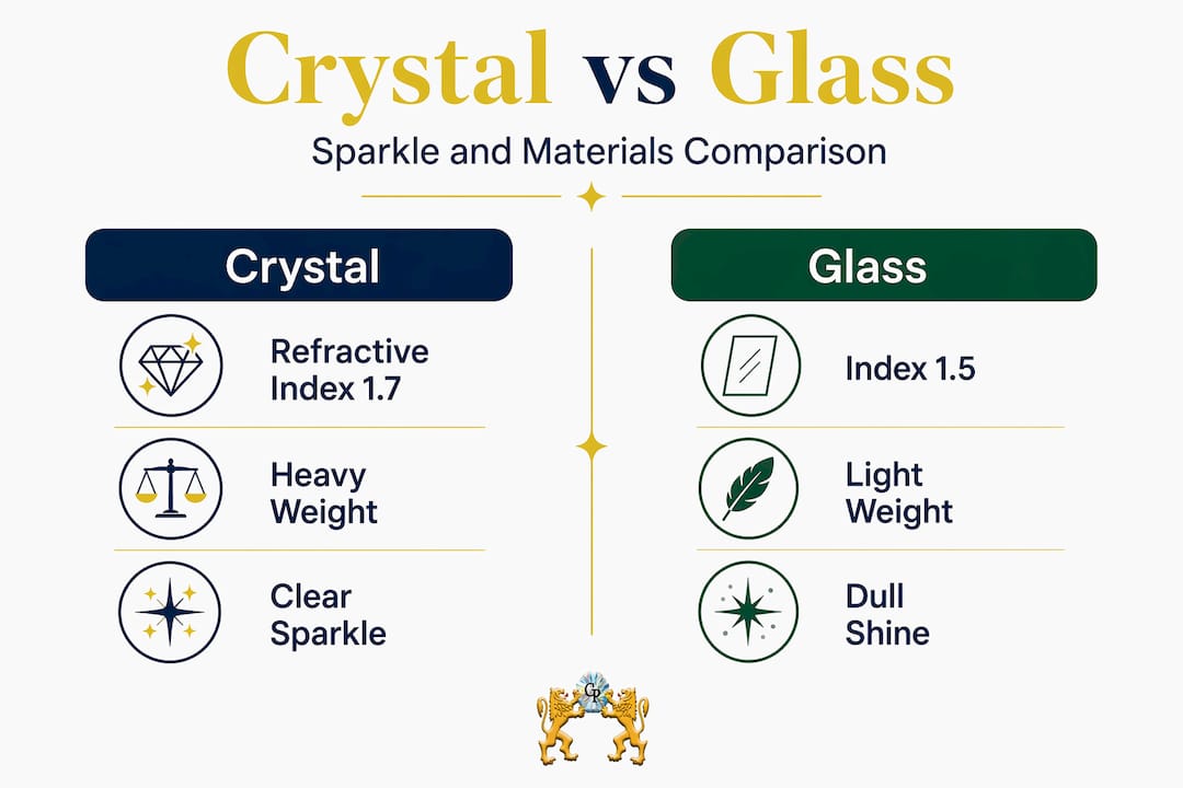 Split infographic comparing crystal versus glass properties