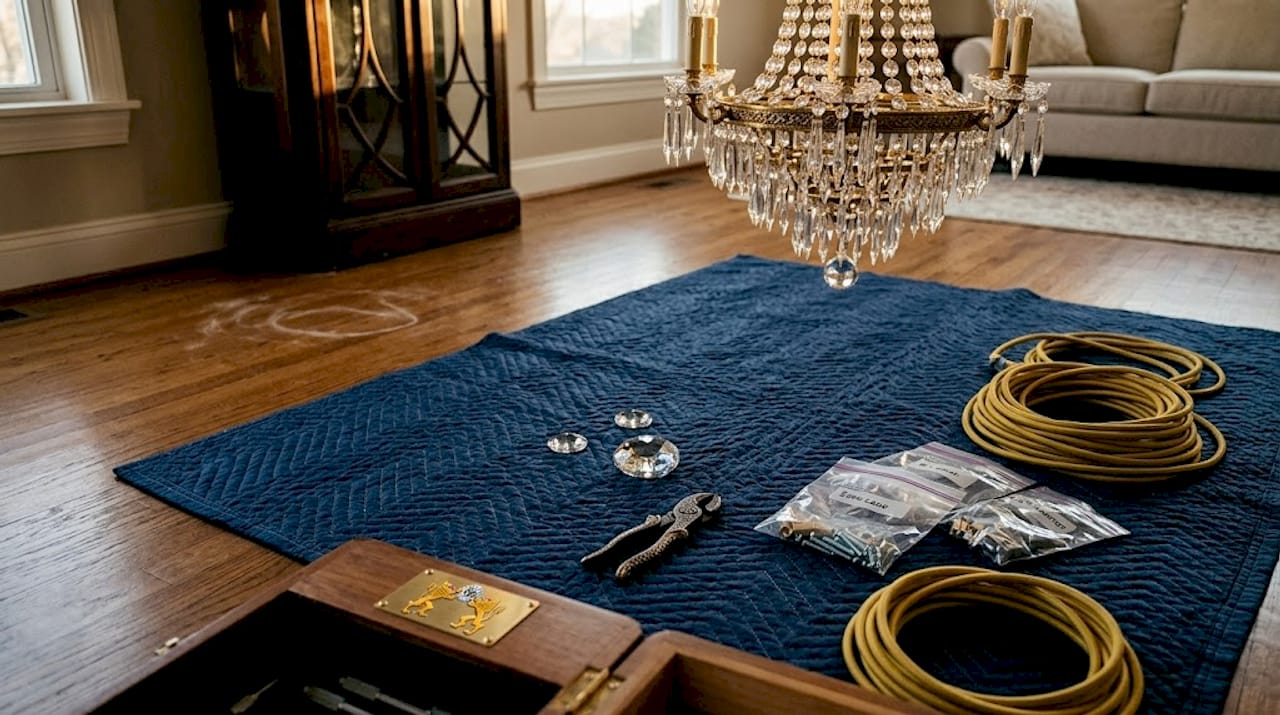 Moving blanket under chandelier repair area