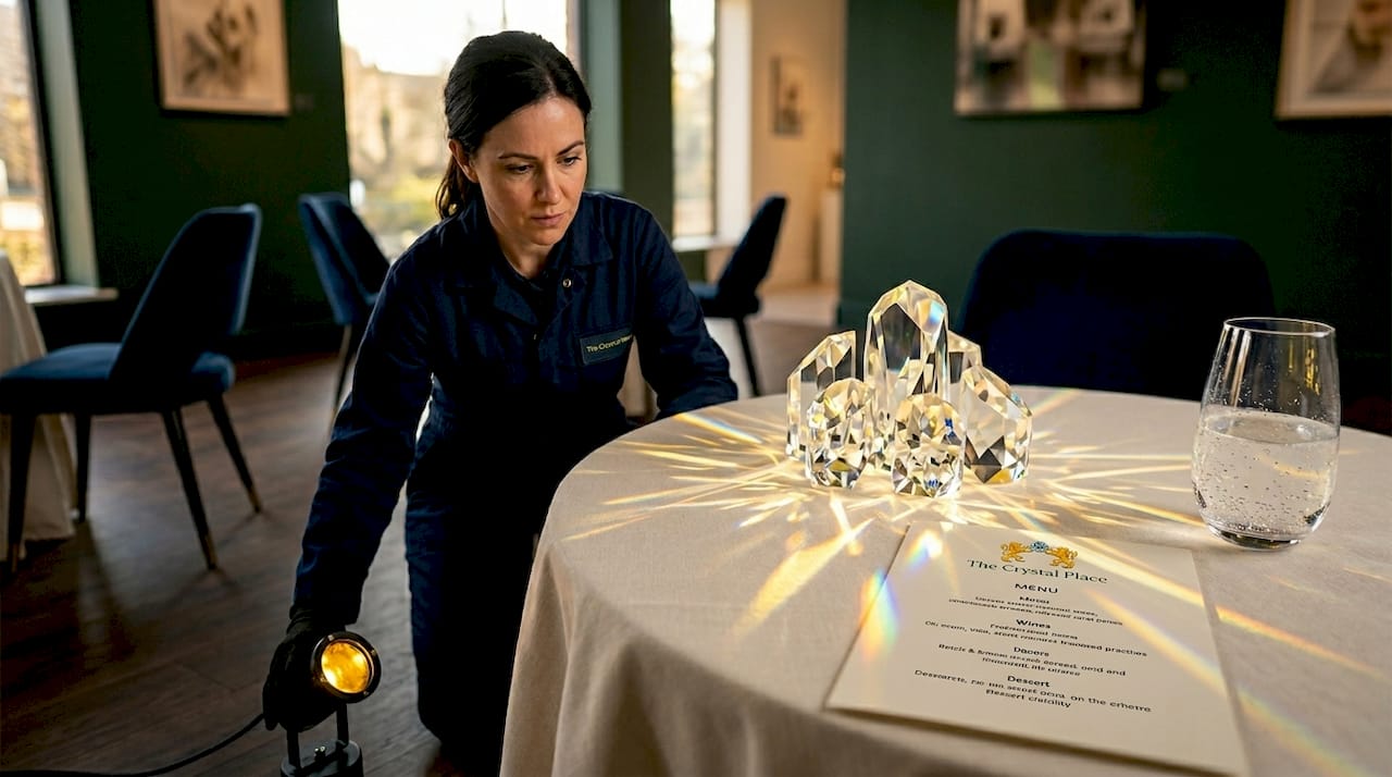 Lighting expert adjusts crystal refraction patterns