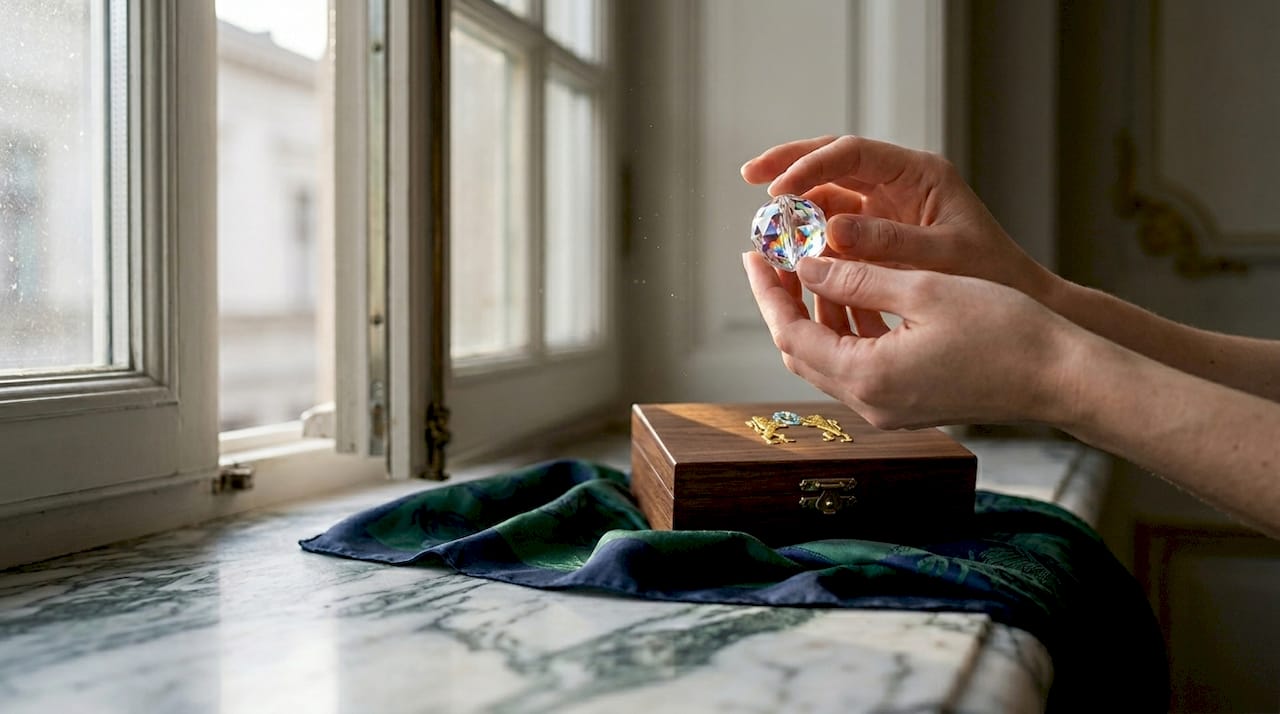 Hands displaying faceted crystal bead by sunlight
