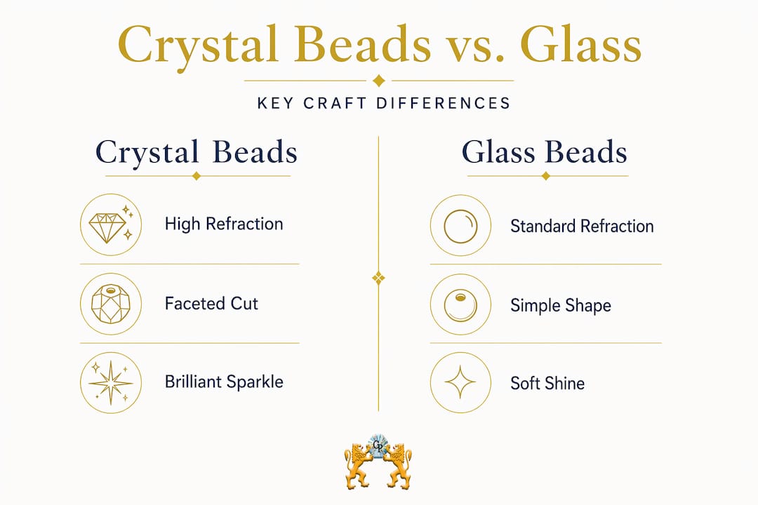 Infographic comparing crystal and glass beads features