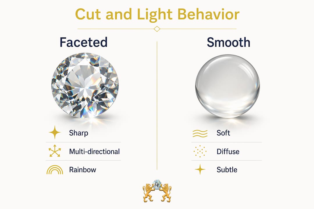 Infographic comparing cut types and light effects of crystal beads
