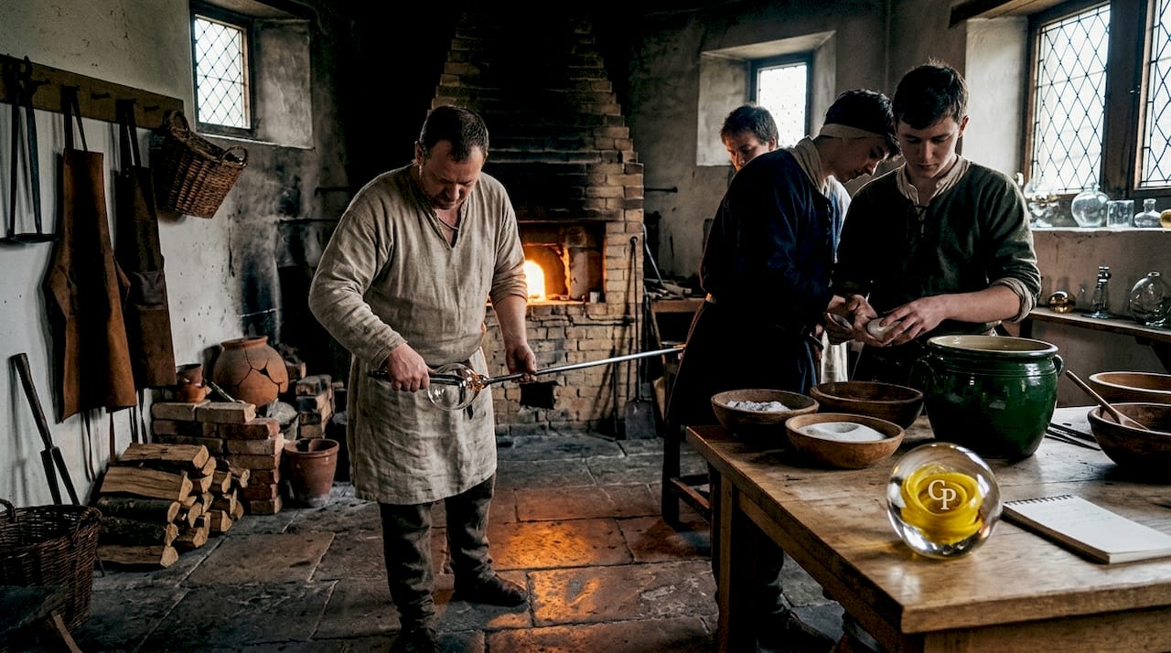 Medieval glassmaking workshop with artisans