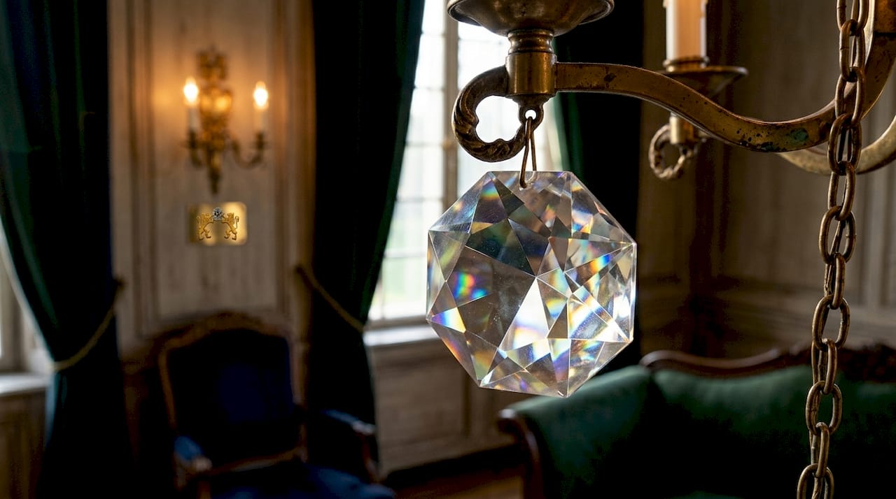 Close-up of crystal prism with rainbow light refraction