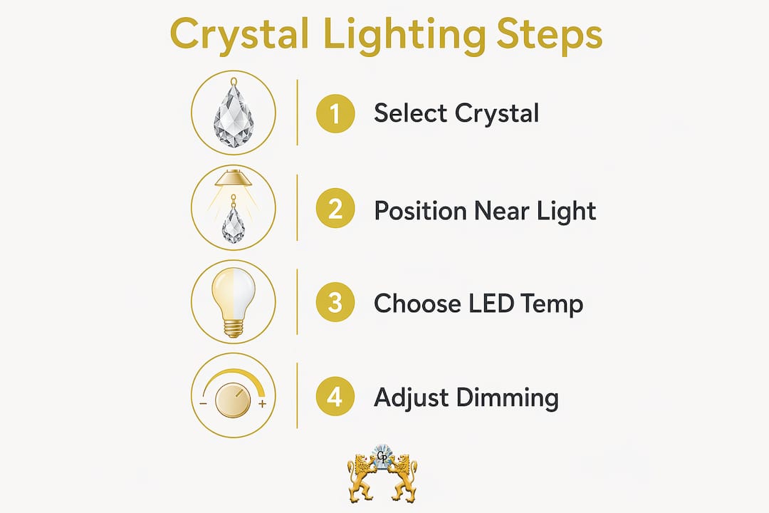 Infographic outlining steps for enhancing lighting with crystals