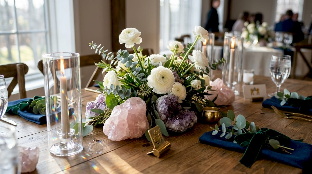 Wedding centerpiece with raw crystal accents