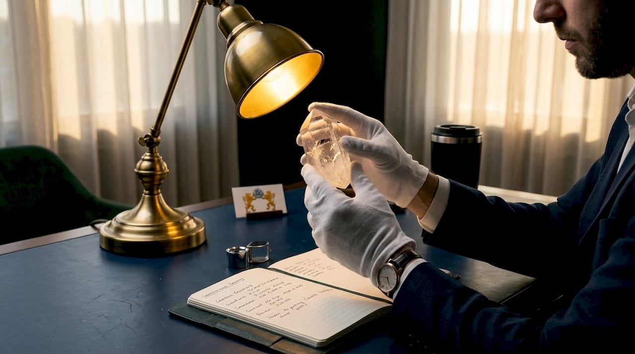 Gemologist examining crystal with loupe and lamp