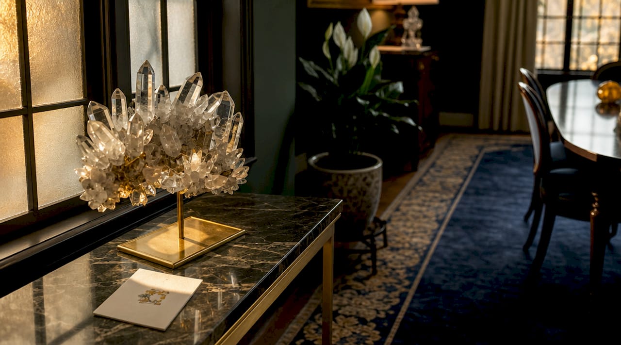 Crystal clusters refracting light indoors