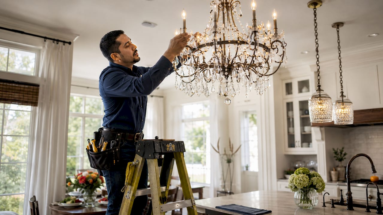 Installer attaching chandelier in dining room