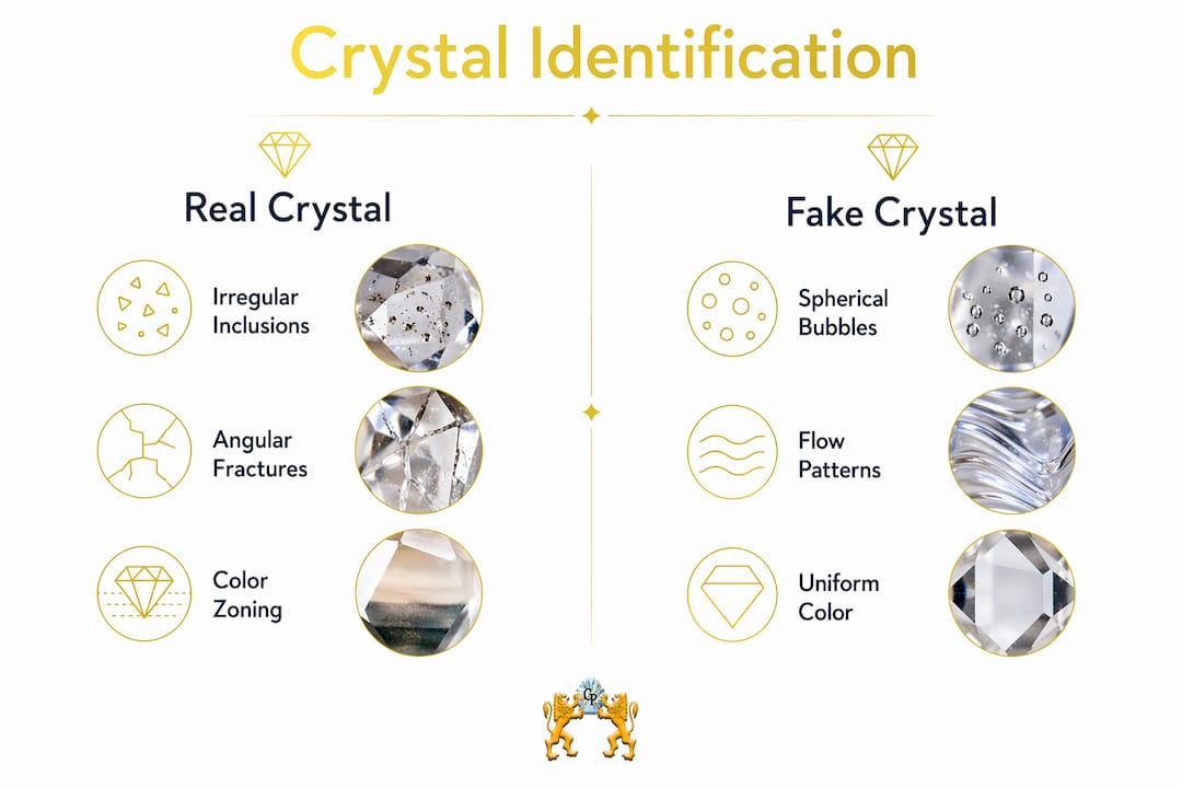 Infographic comparing real and fake crystal visual features