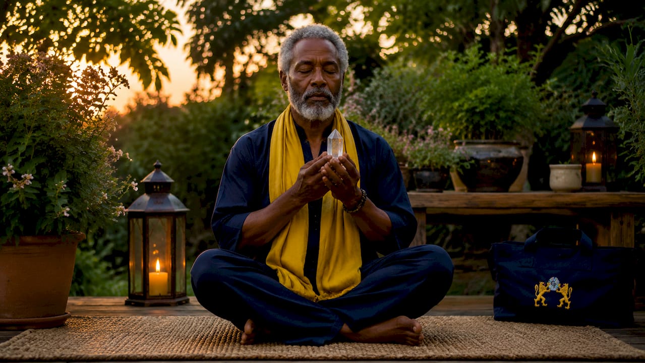Man meditating holding clear quartz crystal