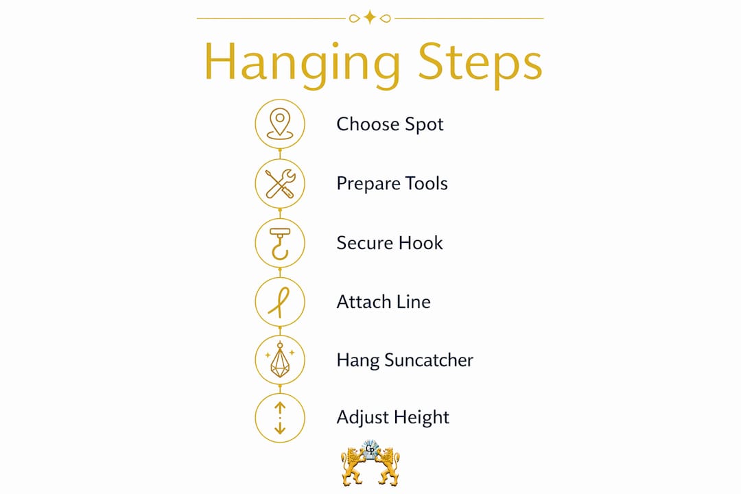 Infographic illustrating step-by-step suncatcher hanging process
