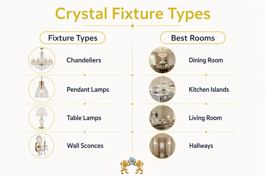 Infographic comparing crystal lighting fixtures and ideal rooms