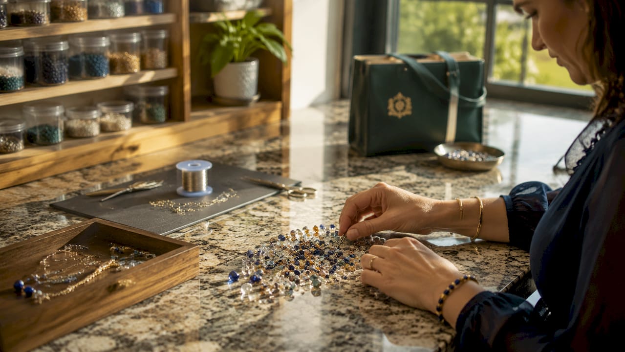 Hands sorting crystal beads for crafting project