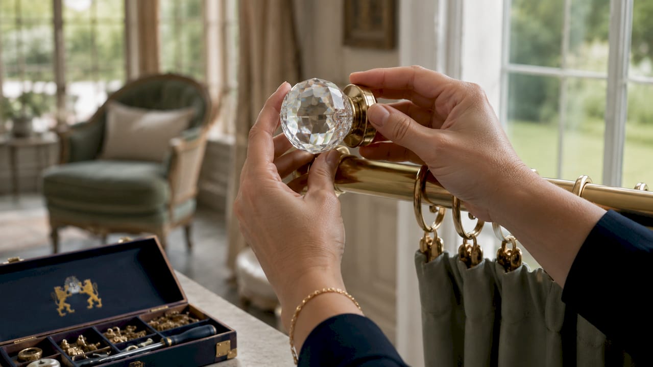 Hands fitting crystal finial on curtain rod