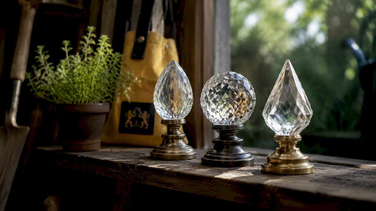 Close-up of various crystal finial types on wood