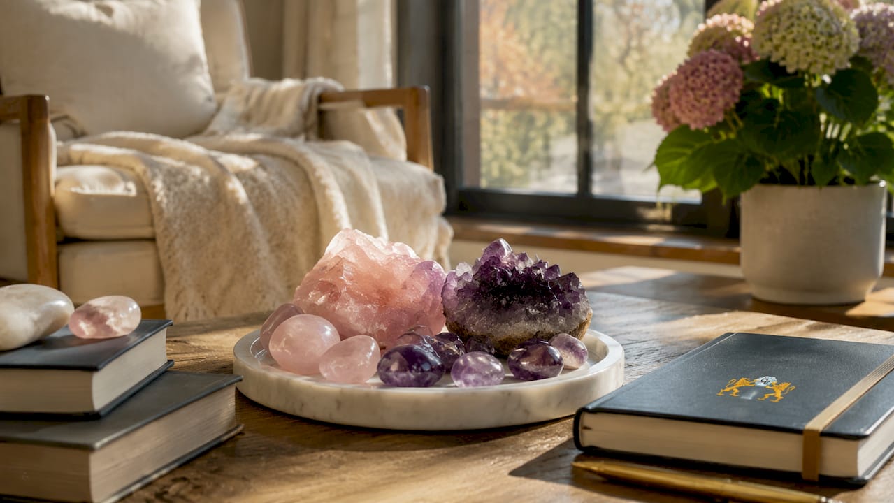 Close-up of styled warm heritage crystal decor accents