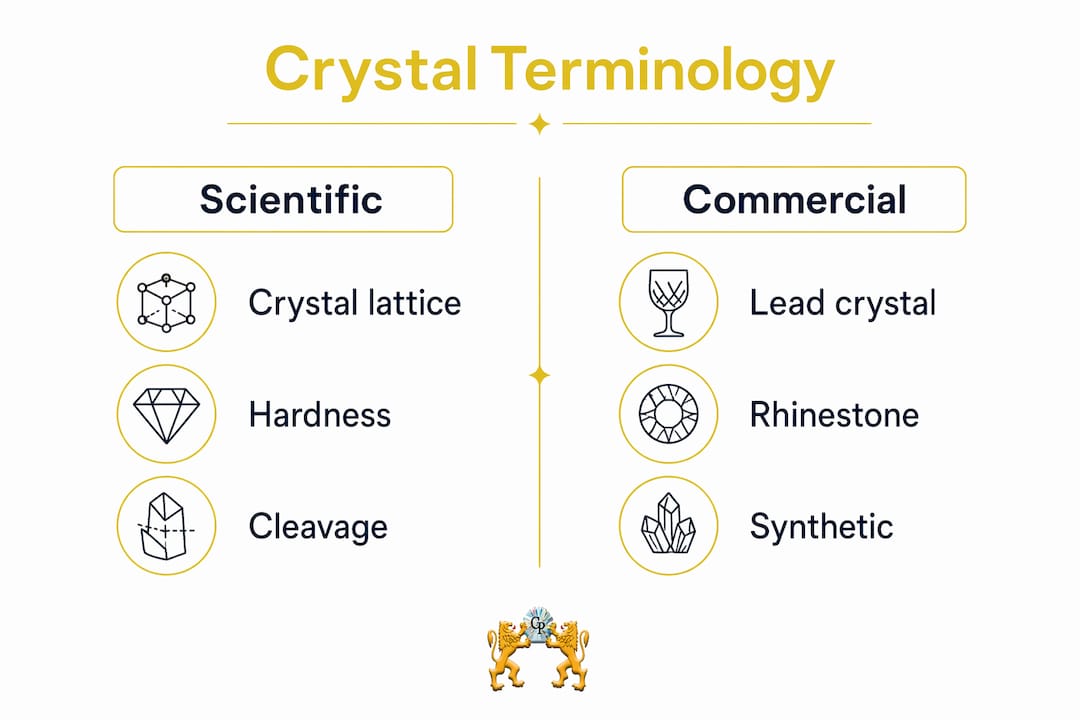 Infographic comparing scientific and commercial crystal terms