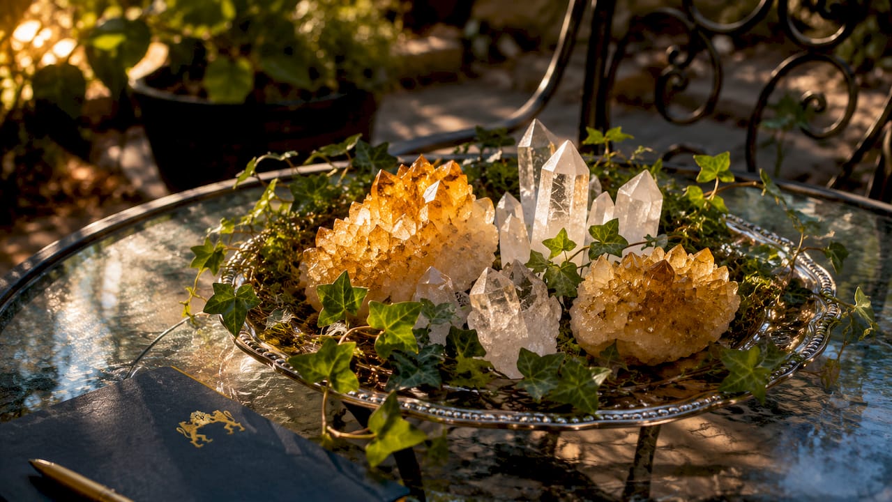 Close-up balanced crystal centerpiece on dining table