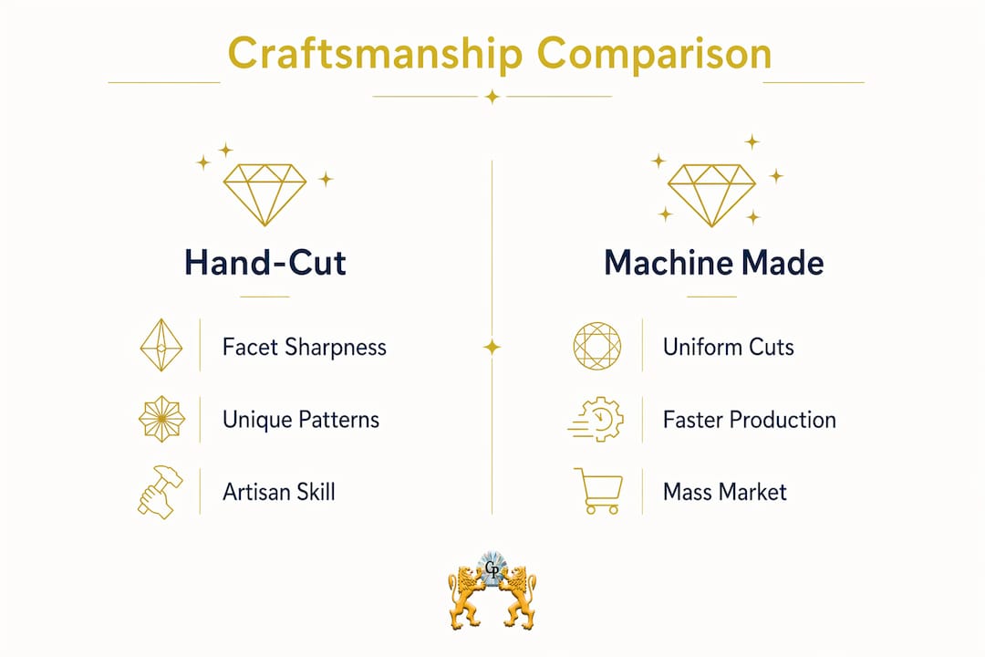 Infographic comparing hand-cut and machine-made crystal craftsmanship