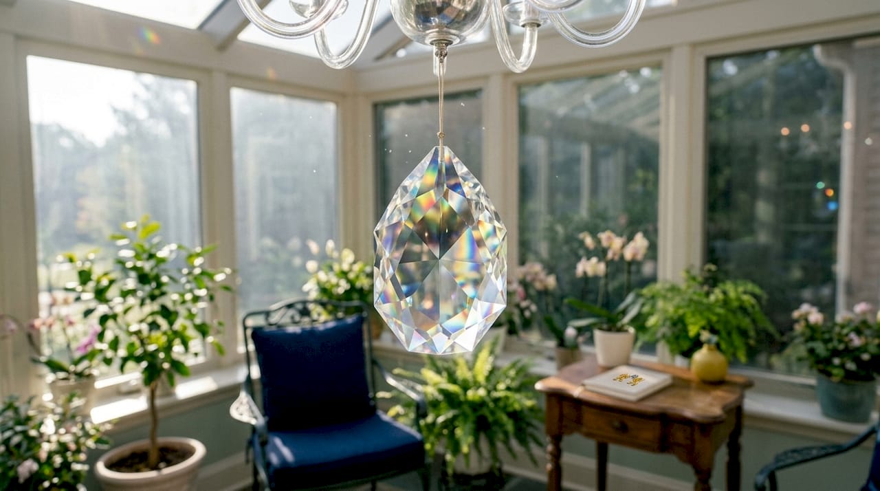 Close-up of lead crystal prism refracting light
