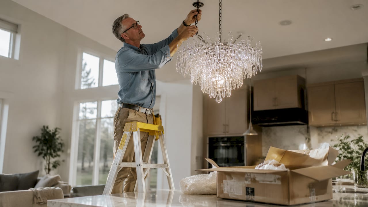 Craftsman installing crystal chandelier