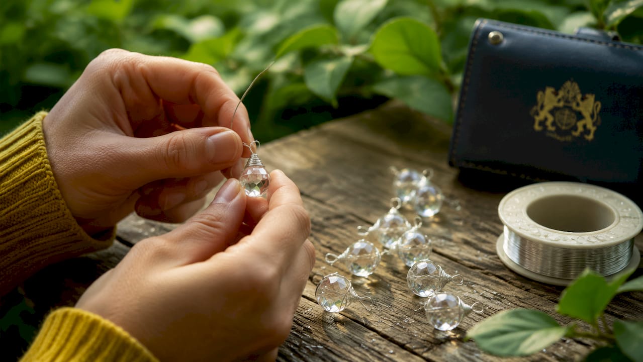 Close-up hands wire wrapping crystal bead