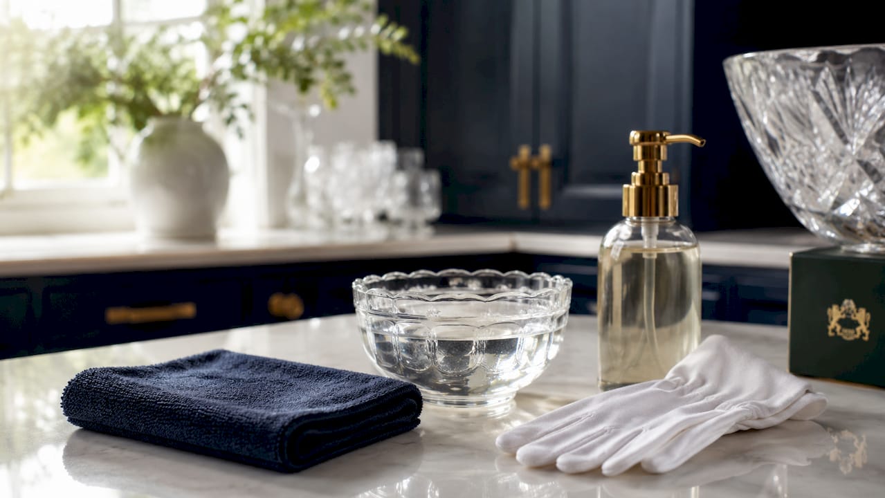 Close-up of crystal cleaning tools on counter