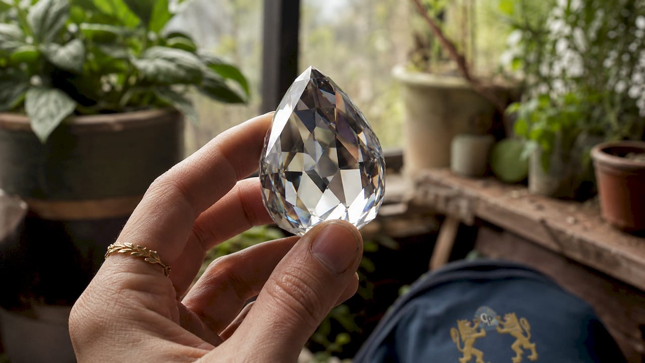Close-up of hand holding cut crystal prism