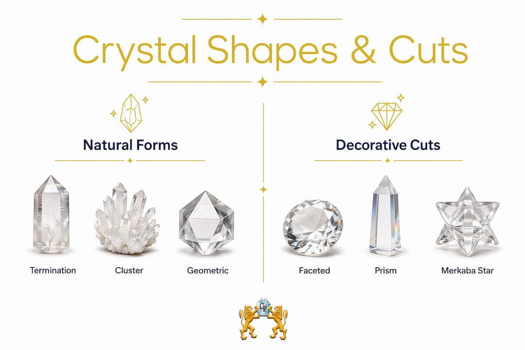 Infographic comparing natural crystal forms and decorative cuts