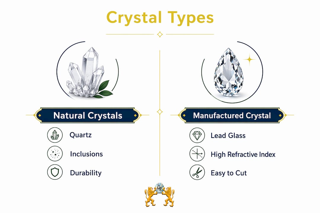 Infographic comparing natural and manufactured crystal types