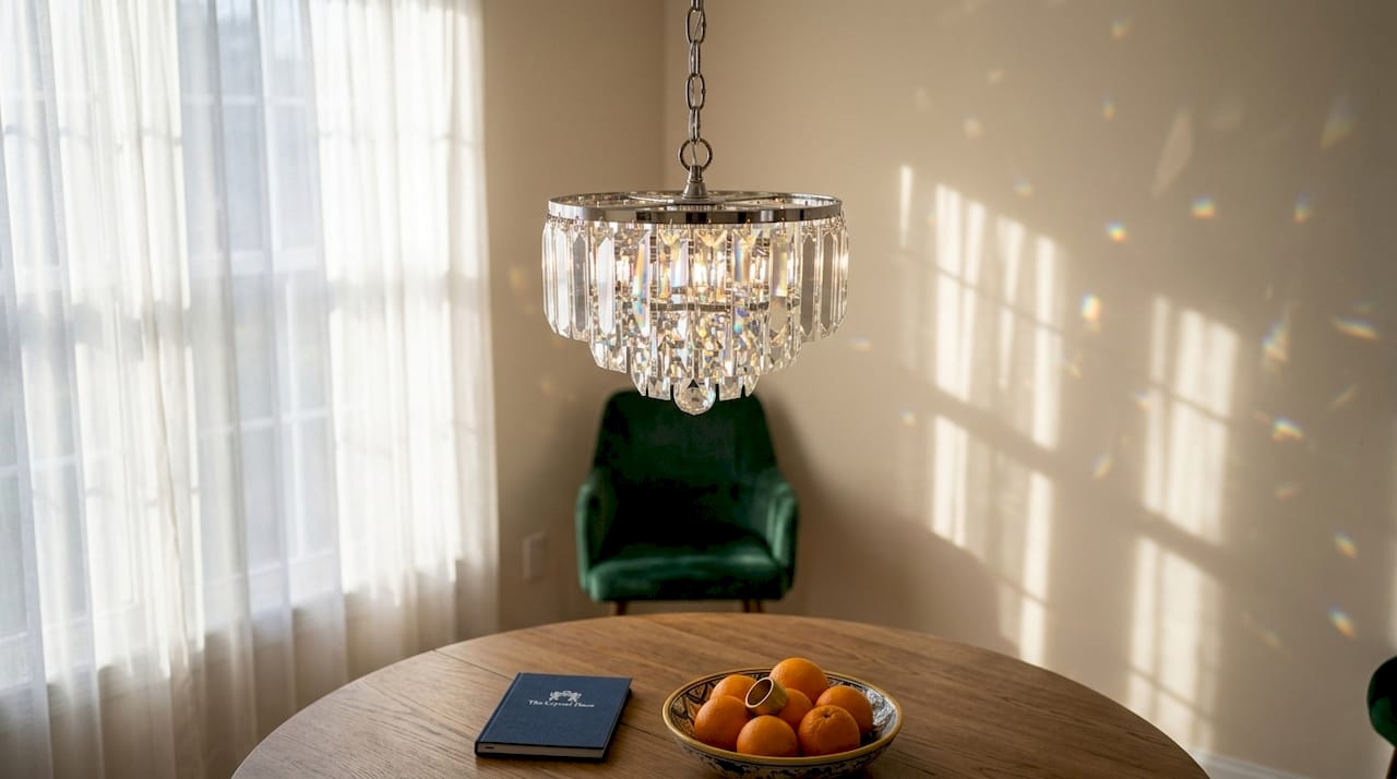 Close-up of crystal pendant casting light reflections