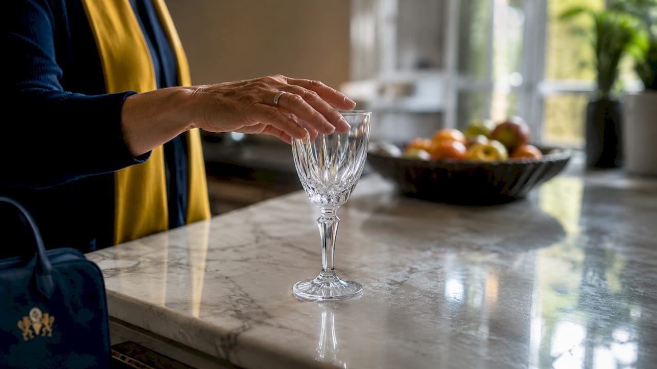 Hand tapping rim of crystal glass in light