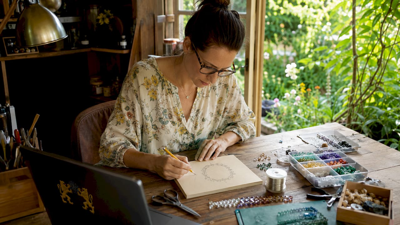 Woman sketching crystal garland bead layout plan