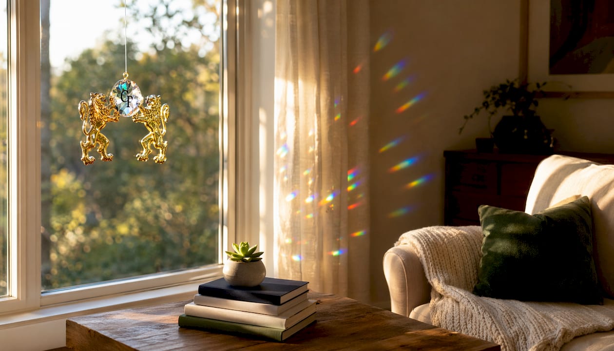 Colorful suncatcher hanging in window casting light