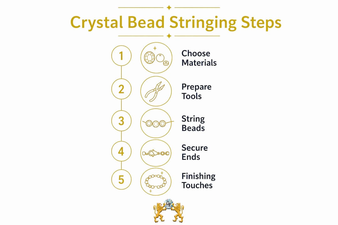 Infographic highlighting crystal bead stringing process steps